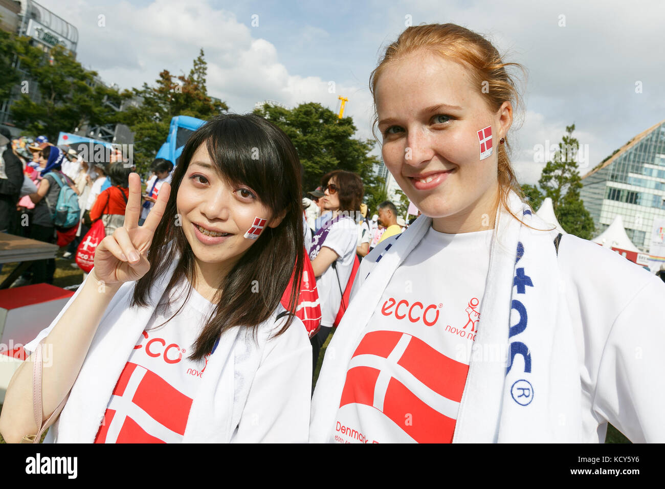 Tokyo, Japan. 8th October, 2017. (L to R) A Japanese and Danish women pose for a during the Danish Festival and Walkathon at Toyosu Park October 8, 2017, Tokyo, Japan.