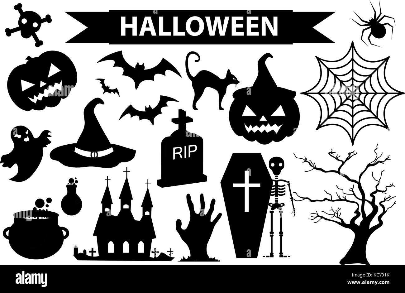 Happy Halloween icons set, black silhouette style. Isolated on white background. Halloween collection of design elements with pumpkin, spider, zombie, skull, coffin, bat. Vector illustration. Stock Vector