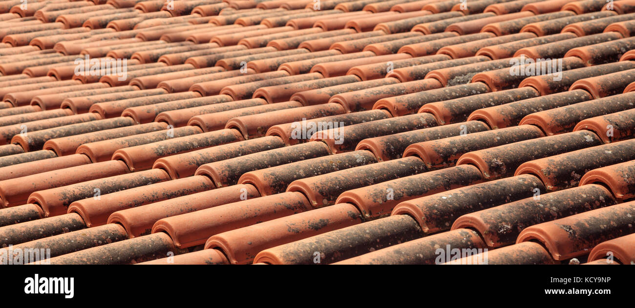 Old roof covered with ceramic tiles with black spots of brown color. Closeup. Stock Photo