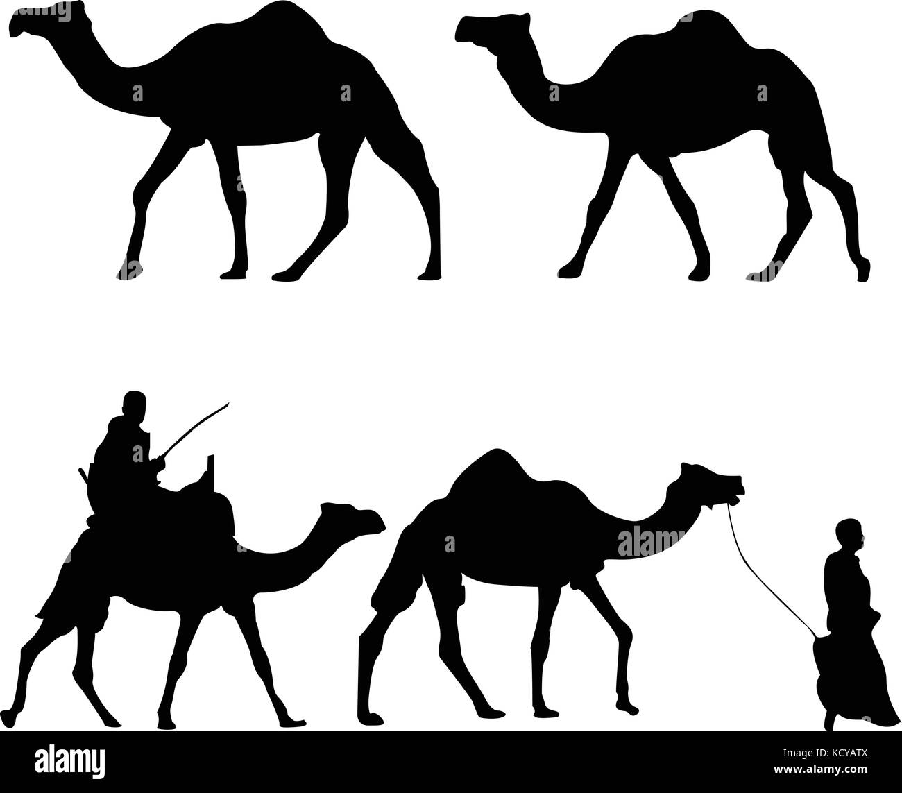 Silhouettes of camels with camel drovers Stock Vector