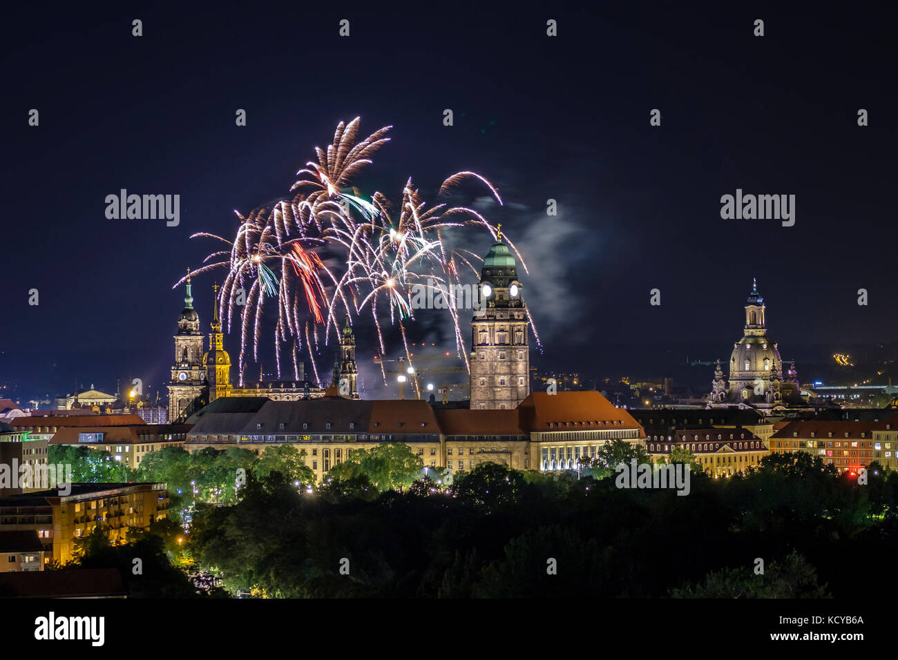Aerial view on fireworks illuminating the old part of town with the