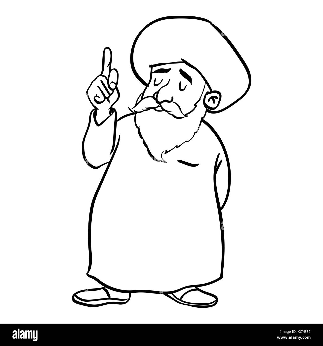 Hand drawing of Cartoon Muslim Old man standing, pointer finger up, isolated on white background. Black and White simple line Vector Illustration for  Stock Vector
