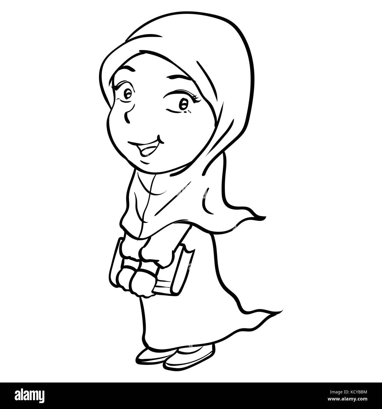 Hand Drawing Of Cartoon Smiley Muslim Girl Holding Book Isolated On White Background Black And White Simple Line Vector Illustration For Coloring Bo Stock Vector Image Art Alamy