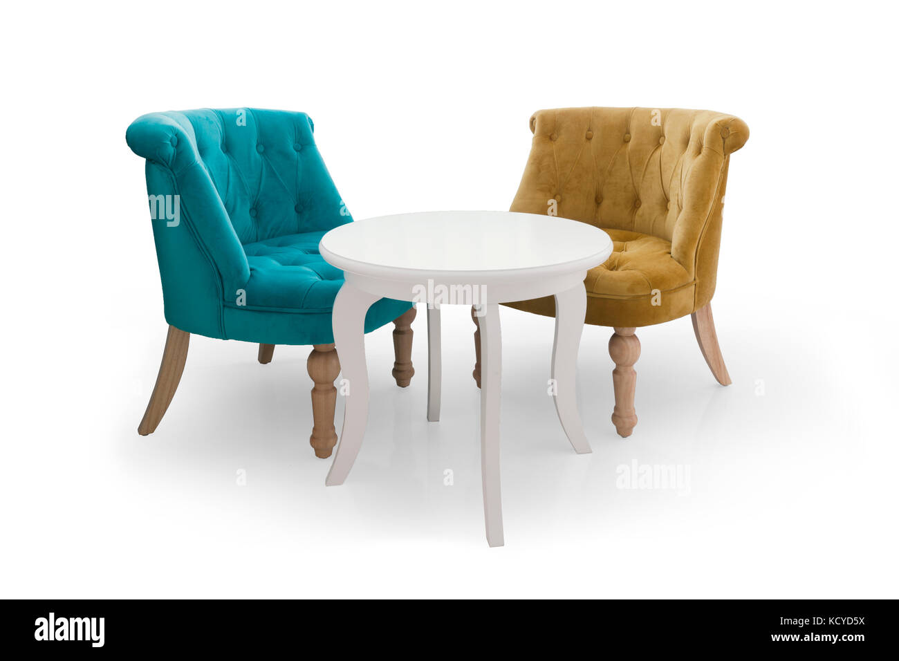 two chairs and white table isolated on white Stock Photo - Alamy