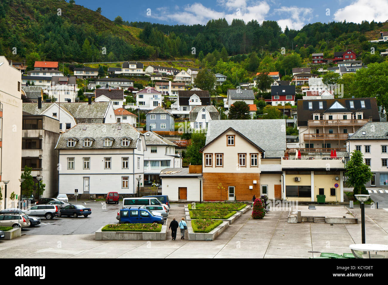 The Norwegian town Maloy located on a slope of mountain Stock Photo