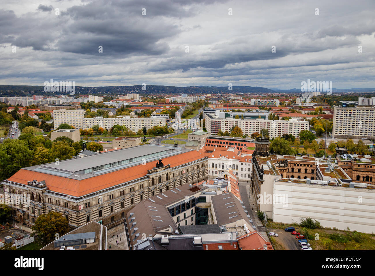 City view of Dresden in east Germany on a stormy autumn October day with the old Plattenbau, prefabricated concrete slabs in the foreground Stock Photo