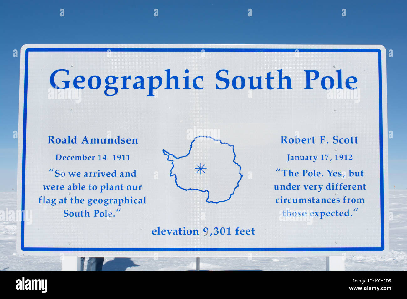 Sign marking the Geographic South Pole. Stock Photo