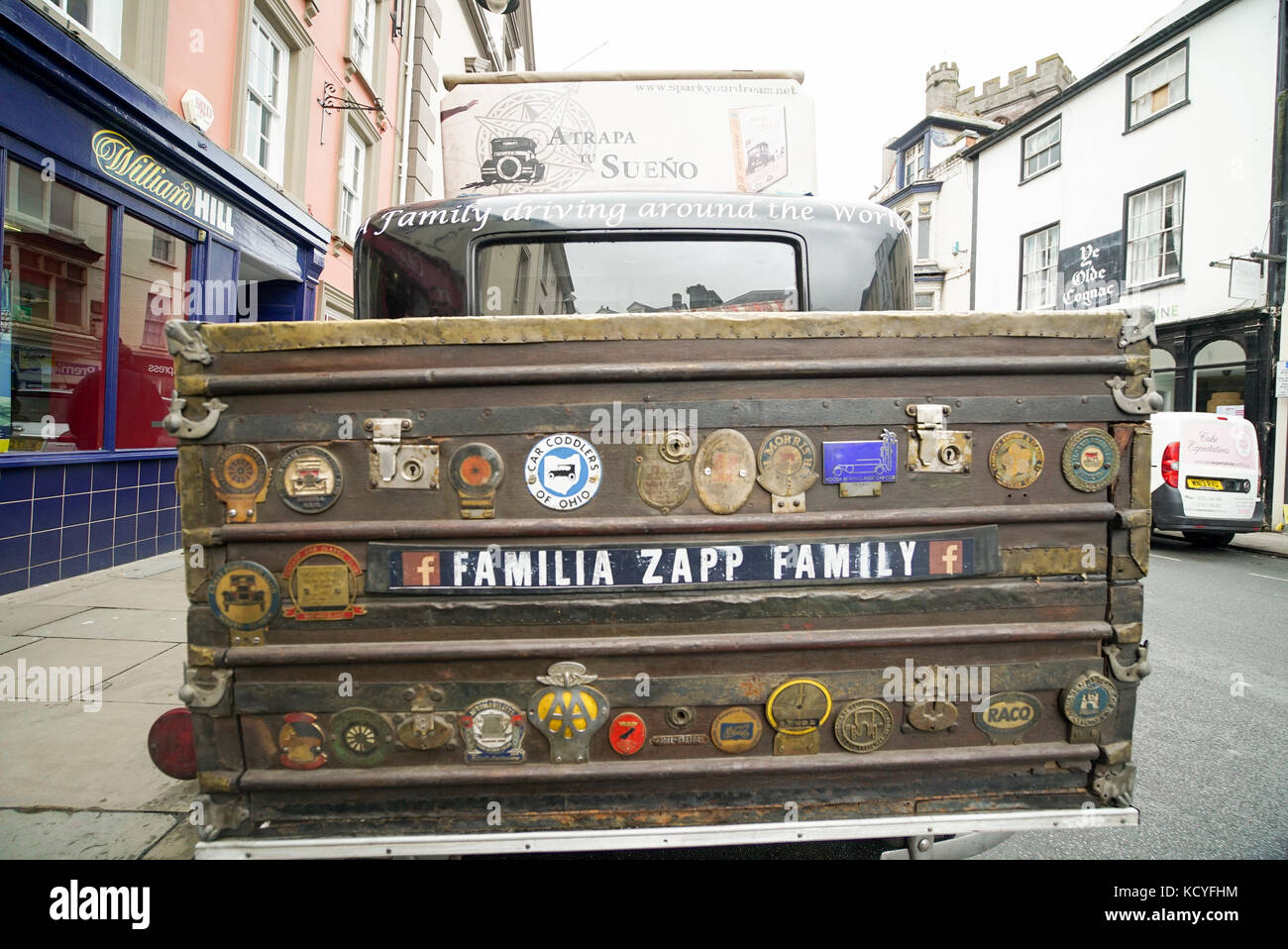 Zapp Family's car, a vintage 1928 Graham Paige stops in Brecon Town, Wales Stock Photo