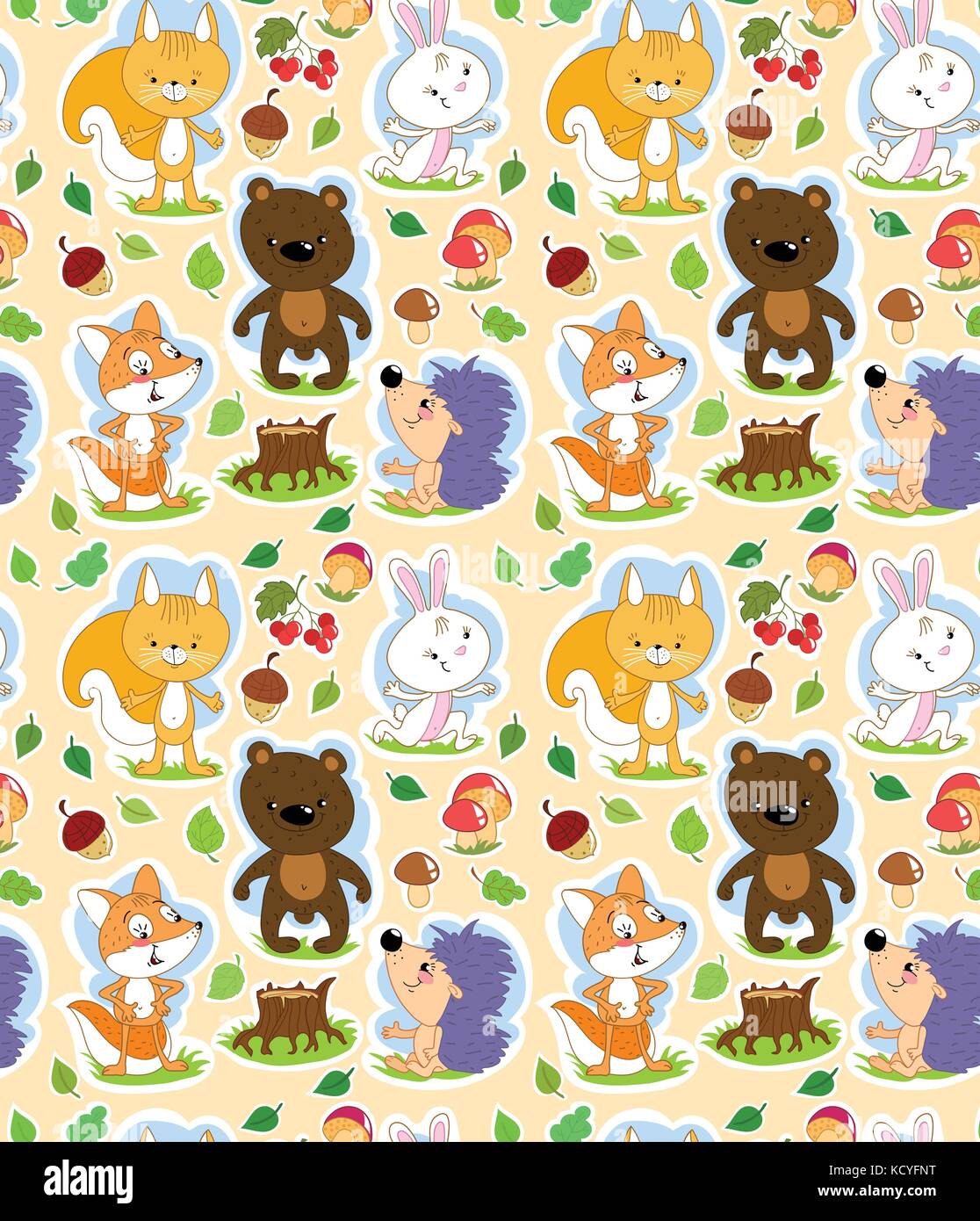 Seamless cartoon pattern, with cute forest animals and Autumn theme Stock Vector