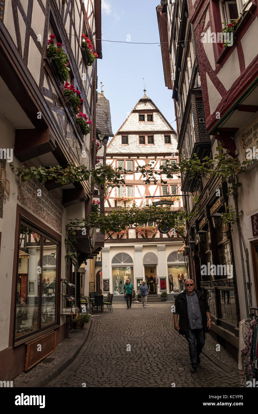 The narrow streets and half timbered buildings in the town of Bernkastel-Kues, in the Mosel Valley, Germany Stock Photo