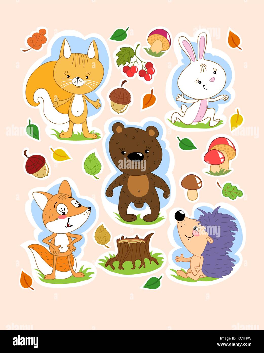 Cartoon isolated clip art, with cute forest animals and Autumn theme Stock Vector