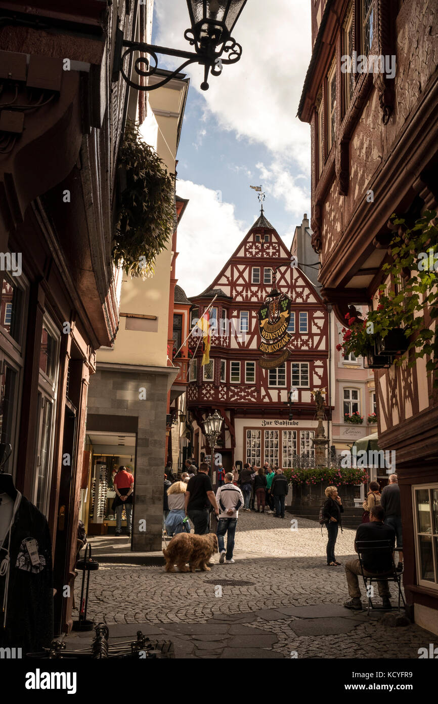 The narrow streets and half timbered buildings in the town of Bernkastel-Kues, in the Mosel Valley, Germany Stock Photo