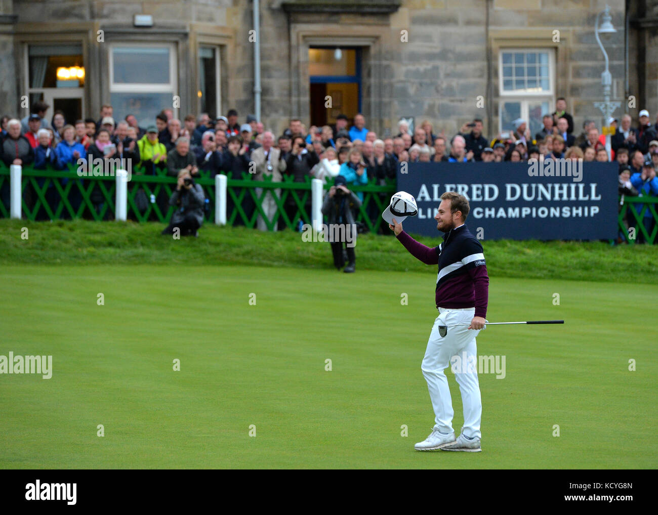 England's Tyrrell Hatton reacts after winning the Alfred Dunhill Links Championship atSt Andrews Old Course, Fife. Stock Photo