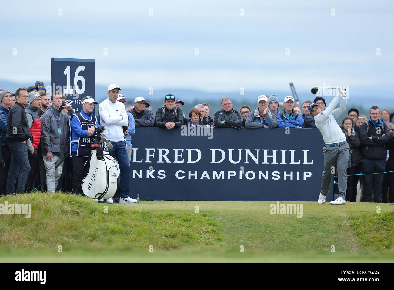 Ireland's Paul Dunne tees off on the sixteenth during day four of the Alfred Dunhill Links Championship atSt Andrews Old Course, Fife. Stock Photo