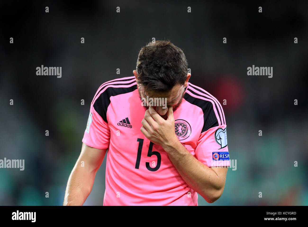 Scotland's Robert Snodgrass appears dejected after the final whistle during the 2018 FIFA World Cup Qualifying Group F match at Stadion Stozice, Ljubljana. Stock Photo