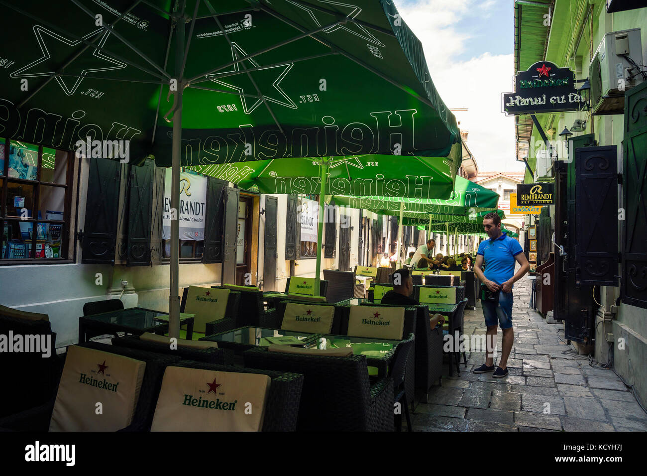 Famous beer place Hanul cu Tei, near Lipscani street in the Old town of Bucharest, capital of Romania. Stock Photo