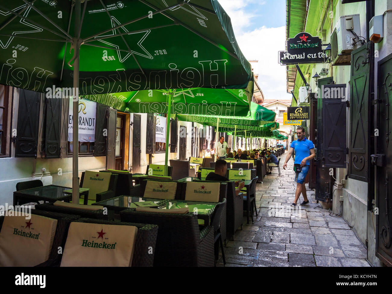 Famous beer place Hanul cu Tei, near Lipscani street in the Old town of Bucharest, capital of Romania. Stock Photo