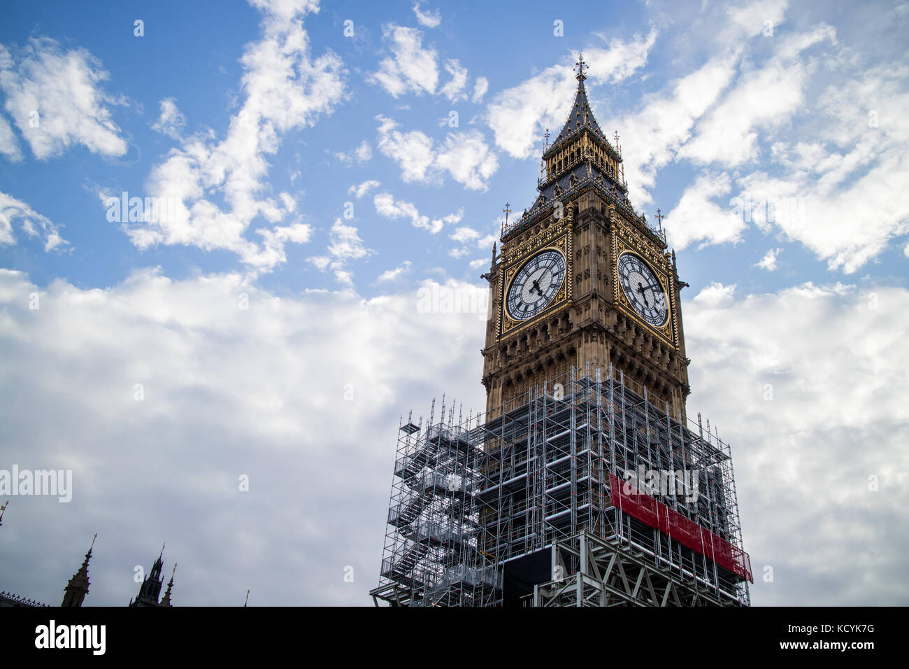 Big Ben under construction in London, causing the bell to stop tolling for the next four years. Stock Photo