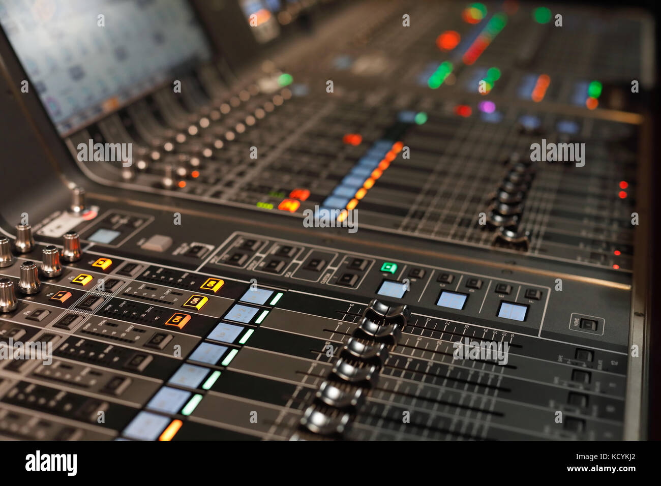 Close up of live sound mixing console. Selective focus. Stock Photo