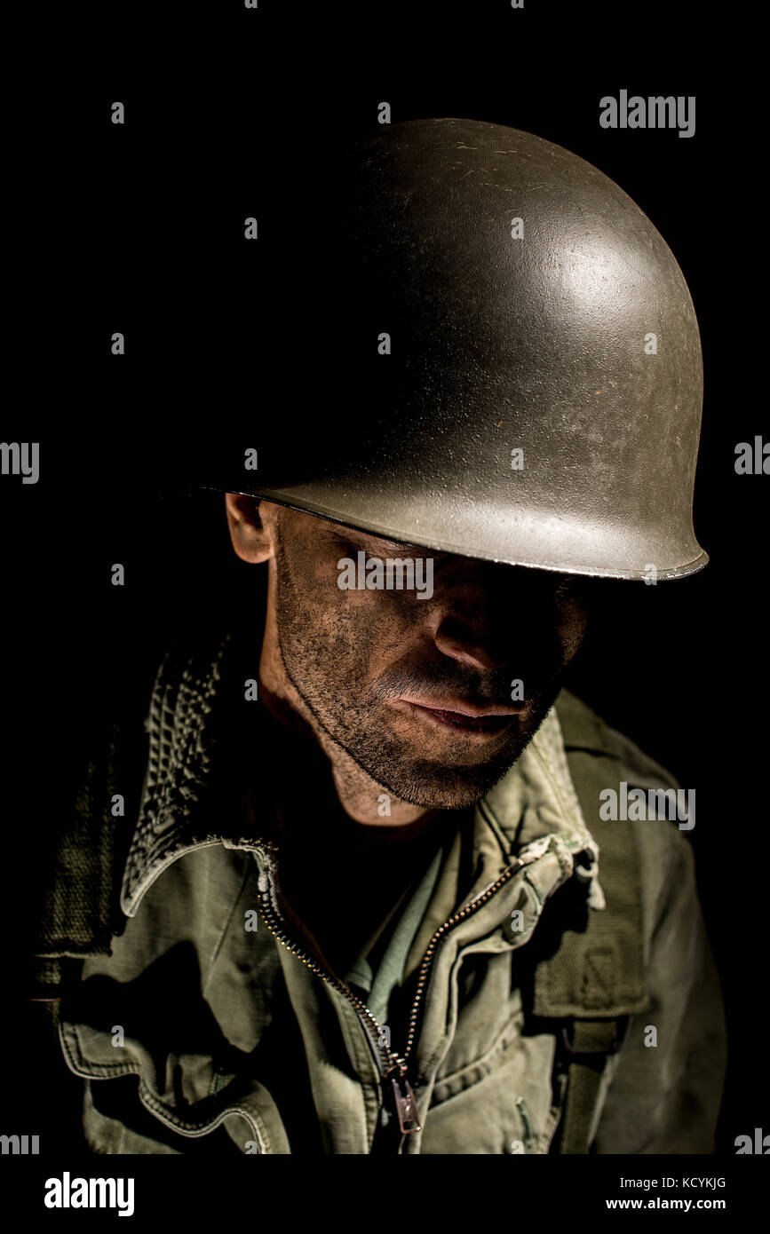 scared shell-shocked soldier in uniform, war and