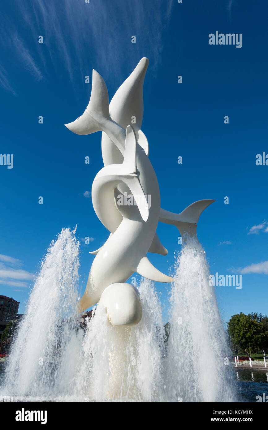 2017 Kelowna B.C - A well-known sculpture on the Lake Okanagan waterfront park entitled Rhapsody depicting a pod of dolphins playing in a fountain. Stock Photo