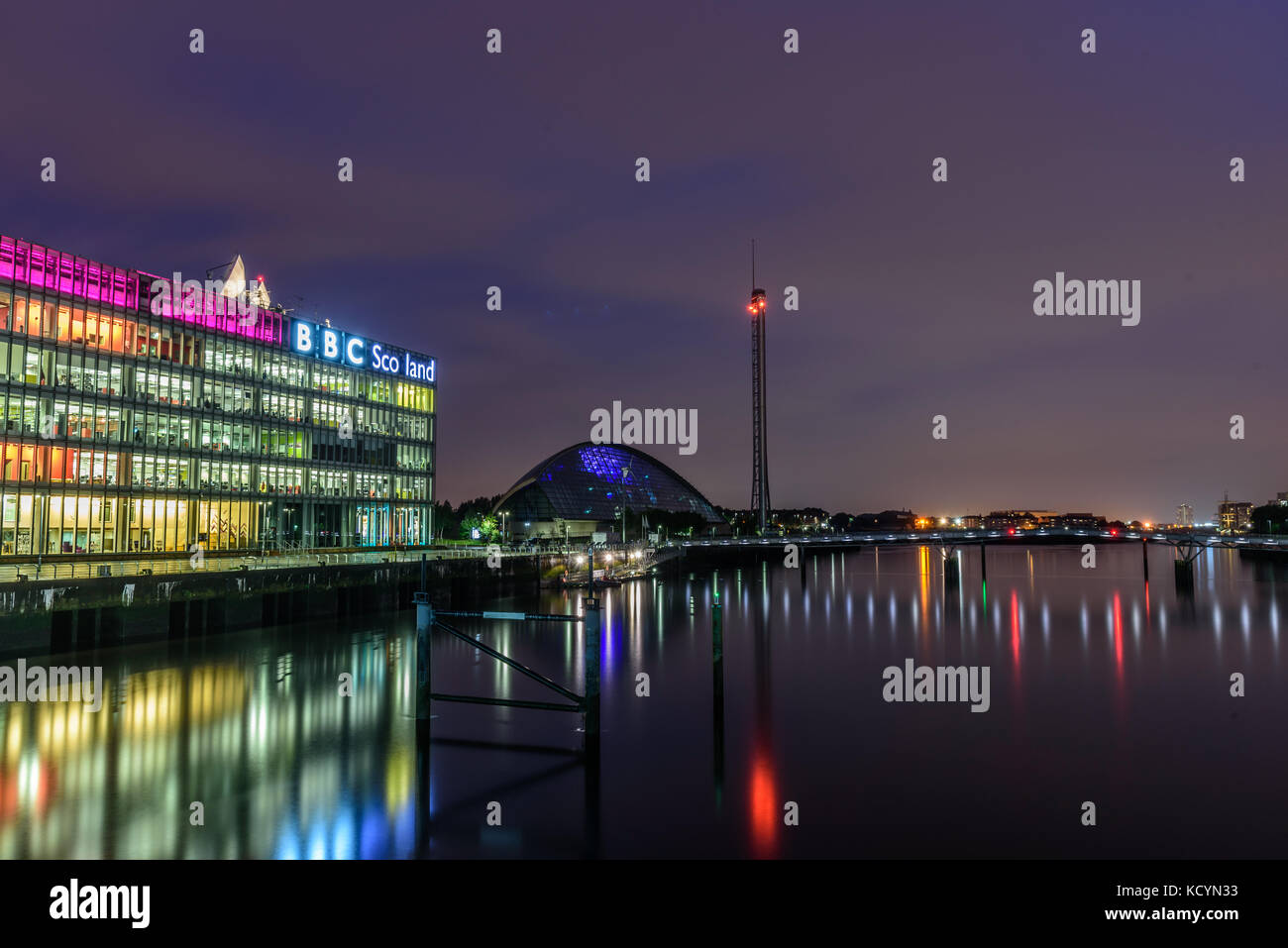 GLASGOW, SCOTLAND - AUGUST 15, 2017 - Night lights reflection in Glasgow City near the headquarters of BBC Scotland.. Stock Photo