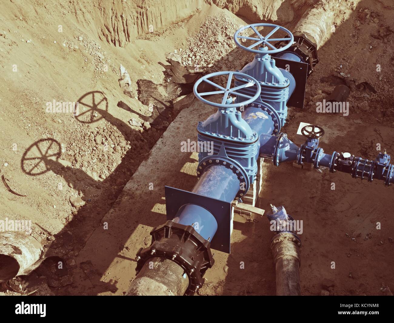 Gate valves underground, water pipeline valve on a blue pipeline after