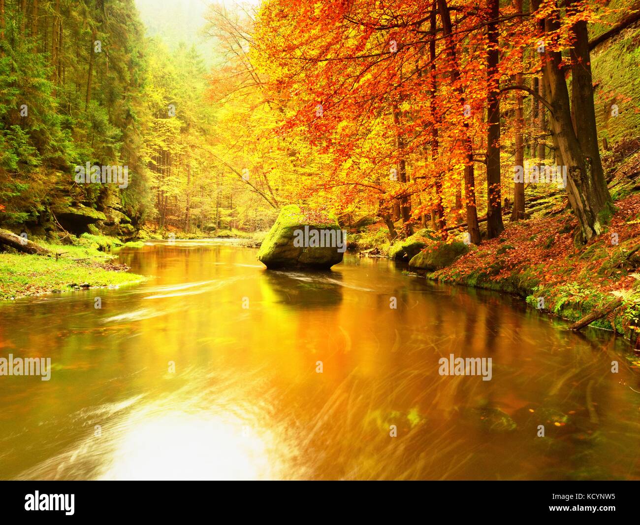 Fallscape River Beautiful Fall river lines with sandstone rocks, big boulders and ...