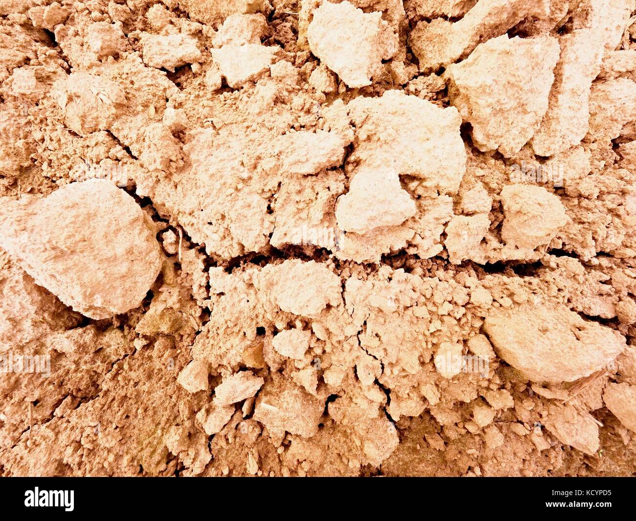 Dry dusty clay on the field. Empty plowed field waits for sowing. Dust