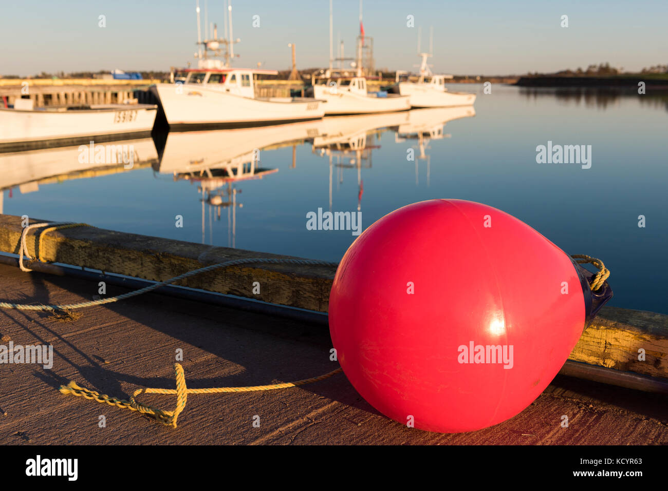 fishing boats, buoy, North Rustico Harbour, Prince Edward Island, Canada Stock Photo