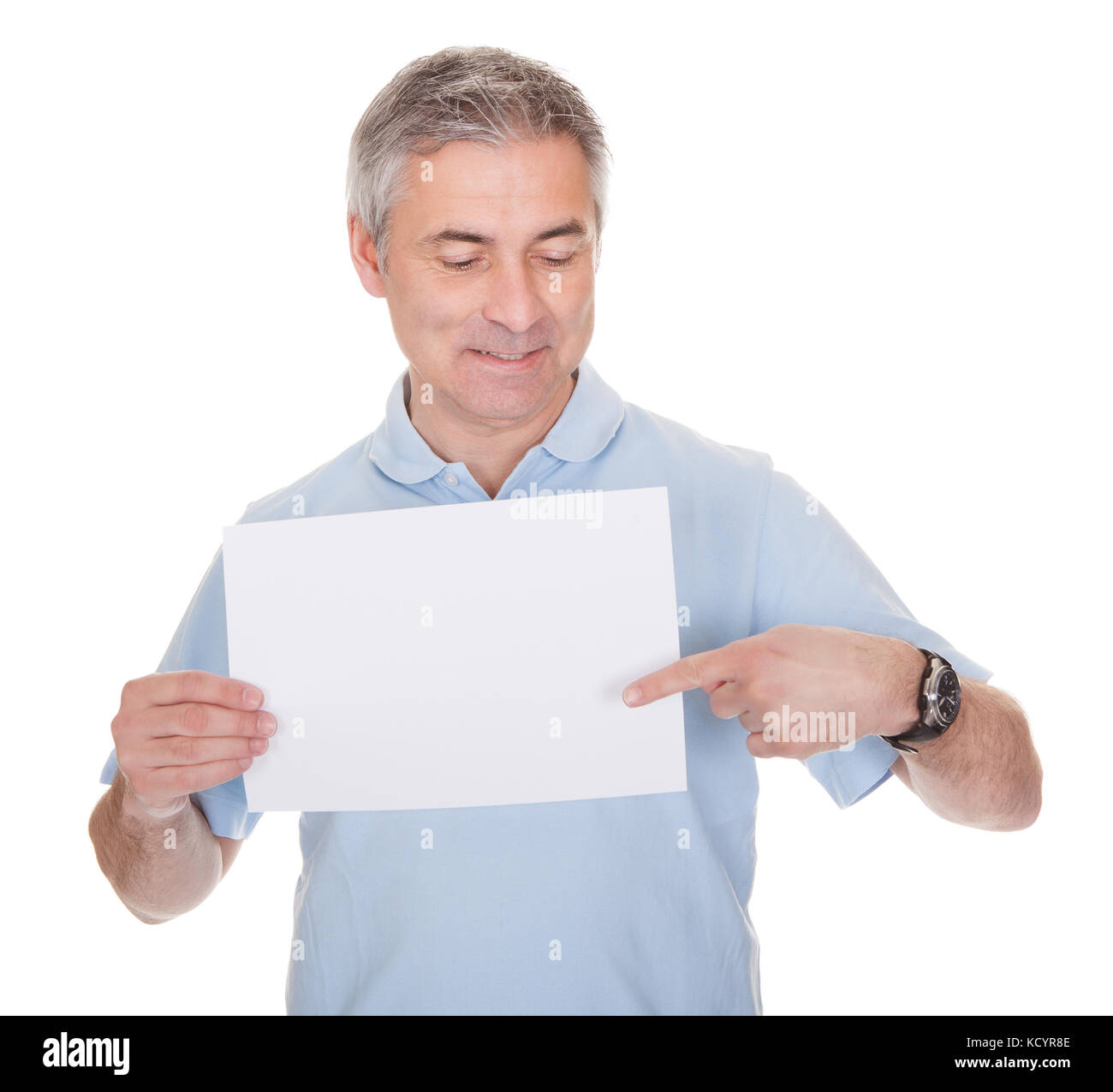 Man Holding Blank Paper Over White Background Stock Photo - Alamy