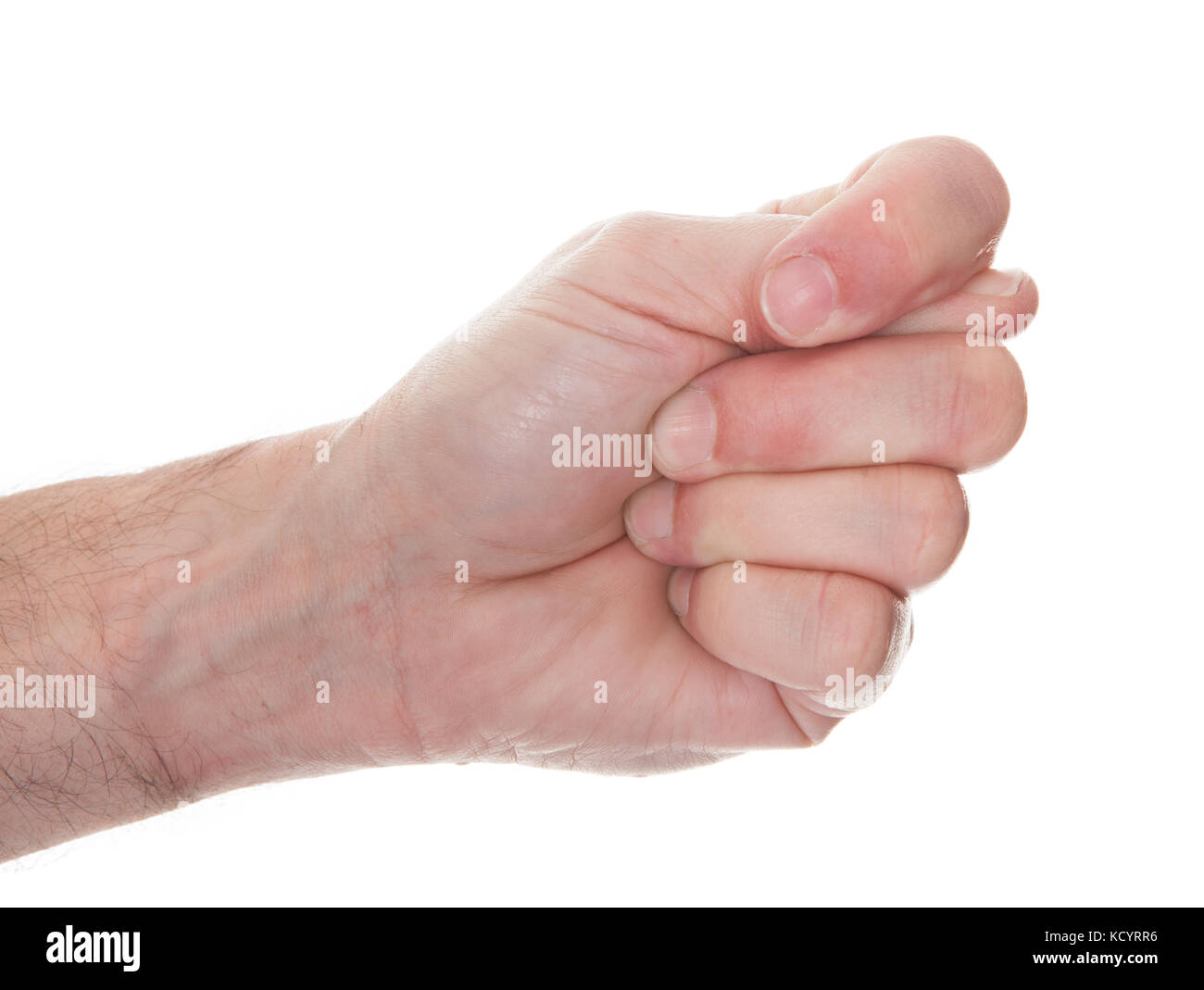 Close-up Man's Hand Clenching His Fist Over White Background Stock Photo