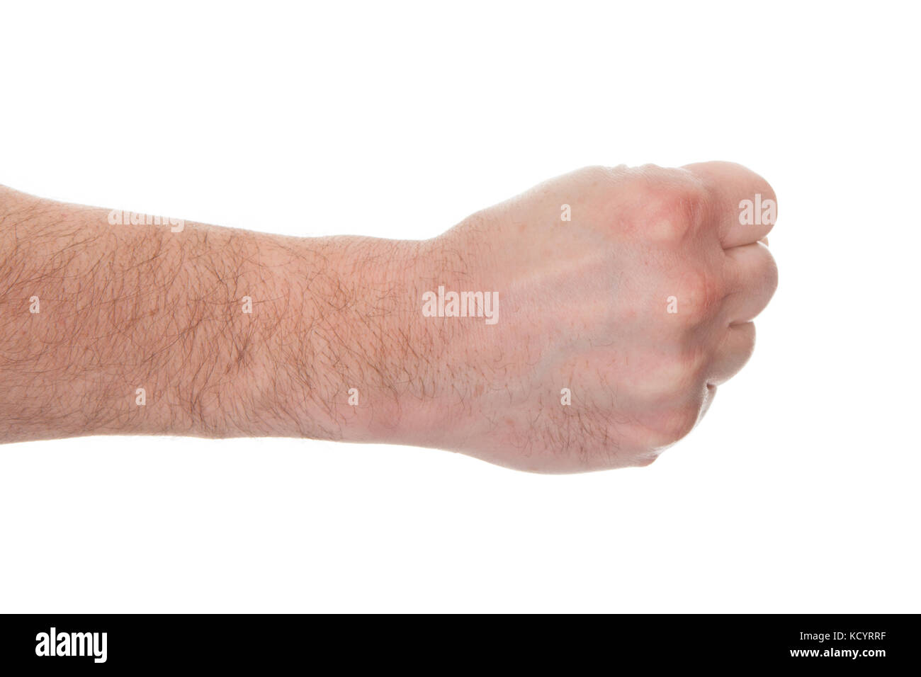 Close-up Man's Hand Clenching His Fist Over White Background Stock Photo