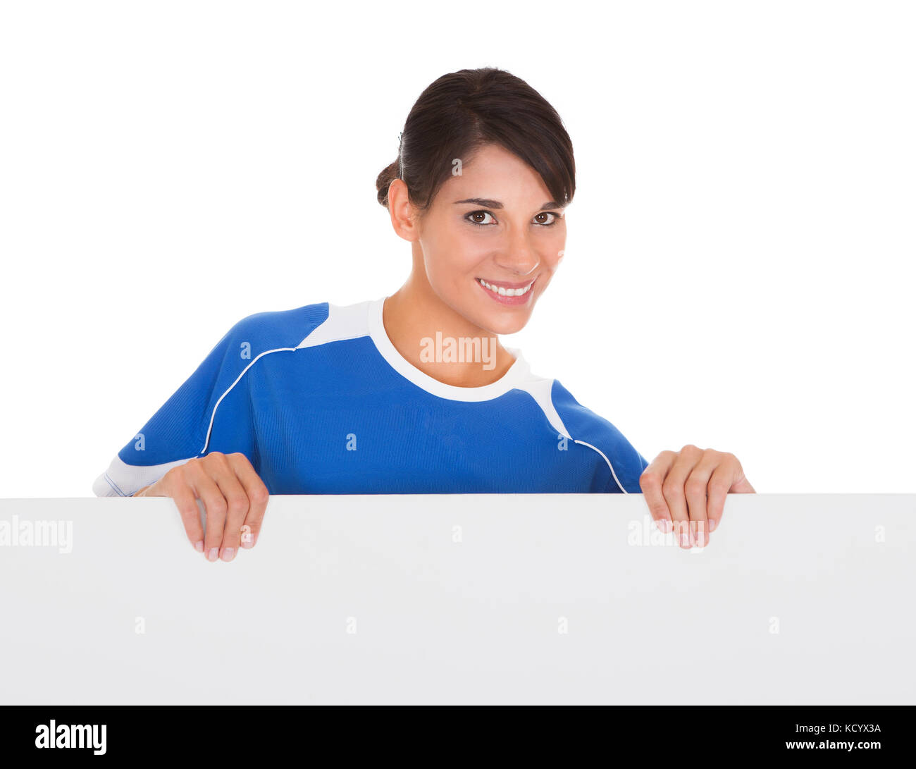 Young Happy Woman Holding Placard Over White Background Stock Photo