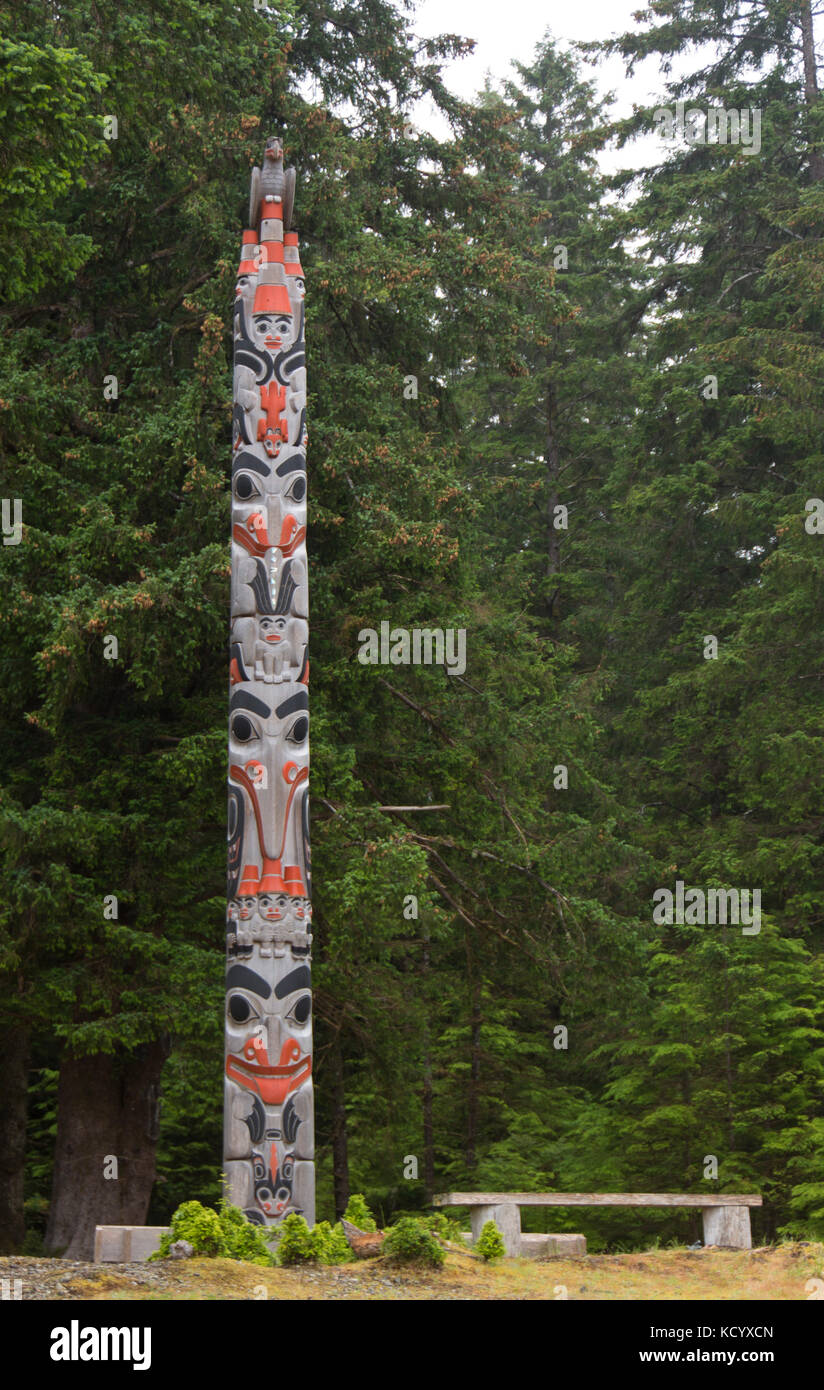 Gwaii Haanas legacy totem pole at Windy Bay, Gwaii Haanas National Park Reserve and Haida Heritage Site, Haida Gwaii, formerly known as Queen Charlotte Islands, British Columbia, Canada Stock Photo