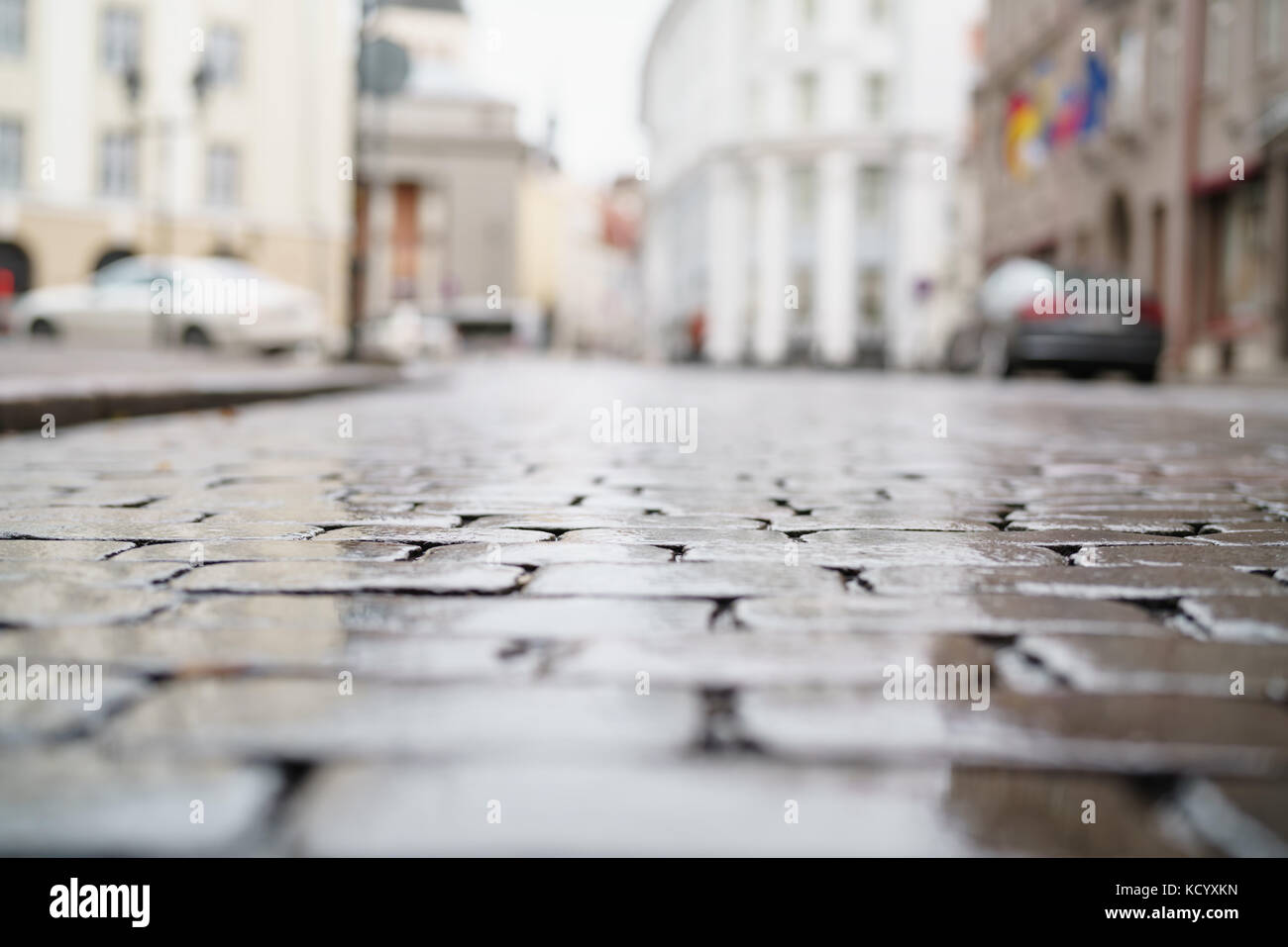 low angle shot of wet old pavement in Tallinn with shallow focus Stock Photo