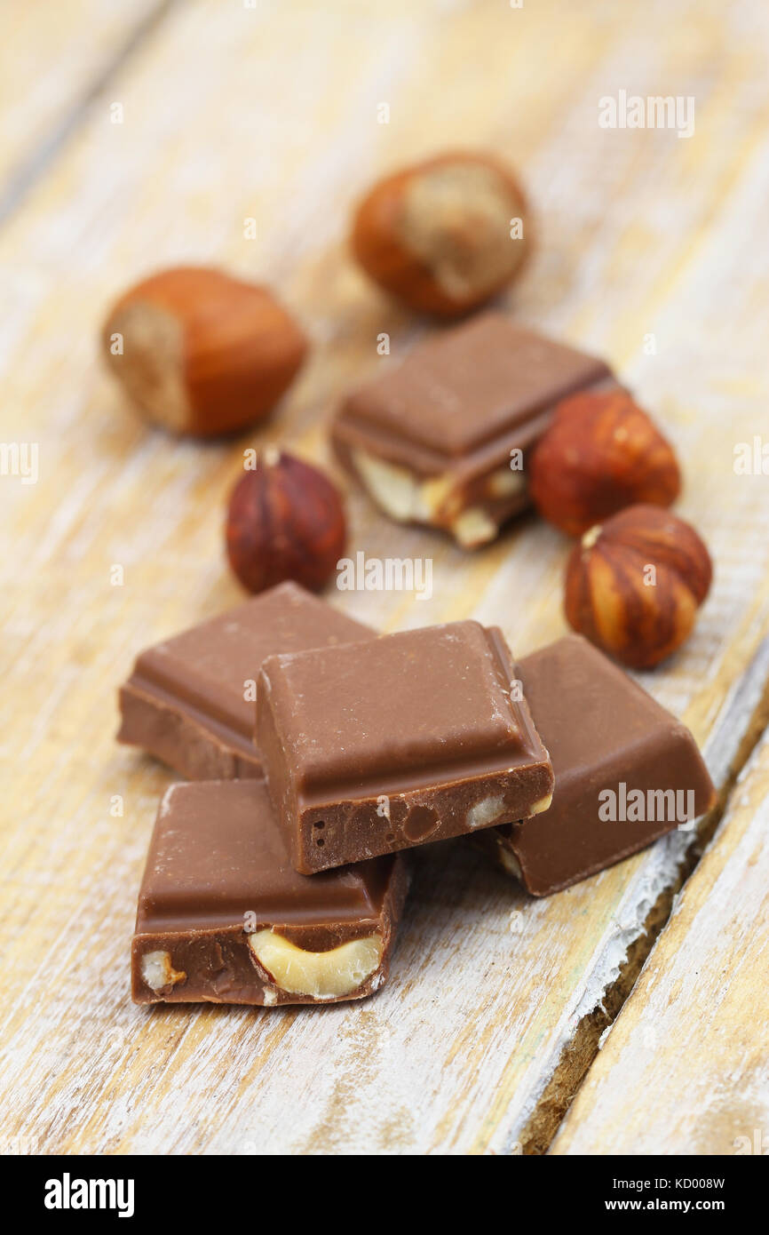Pieces of crunchy chocolate with hazelnuts on rustic wooden surface Stock Photo