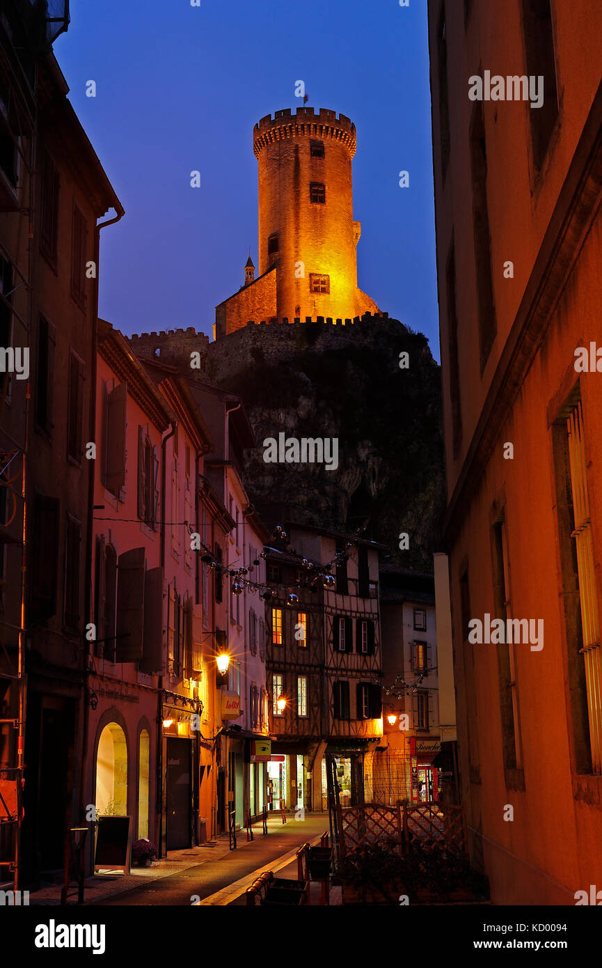 street scene with Chateau de Foix, Foix, Ariege Department, Midi-Pyrenees, France Stock Photo