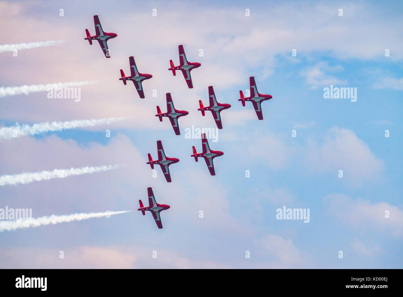 Snow Birds fleet flying in formation at the North Bay Air Show in celebration of 150 year anniversary of Canada Stock Photo