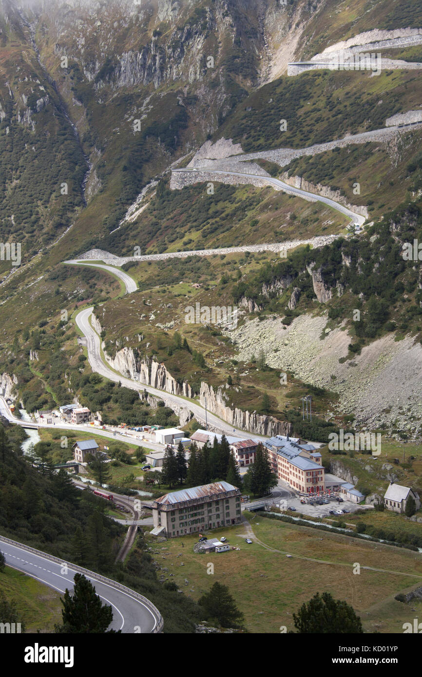 Grimsel Pass, Switzerland. The Grimsel Pass with Gletsch, and the Hotel Glacier Du Rhone, in the foreground. Stock Photo