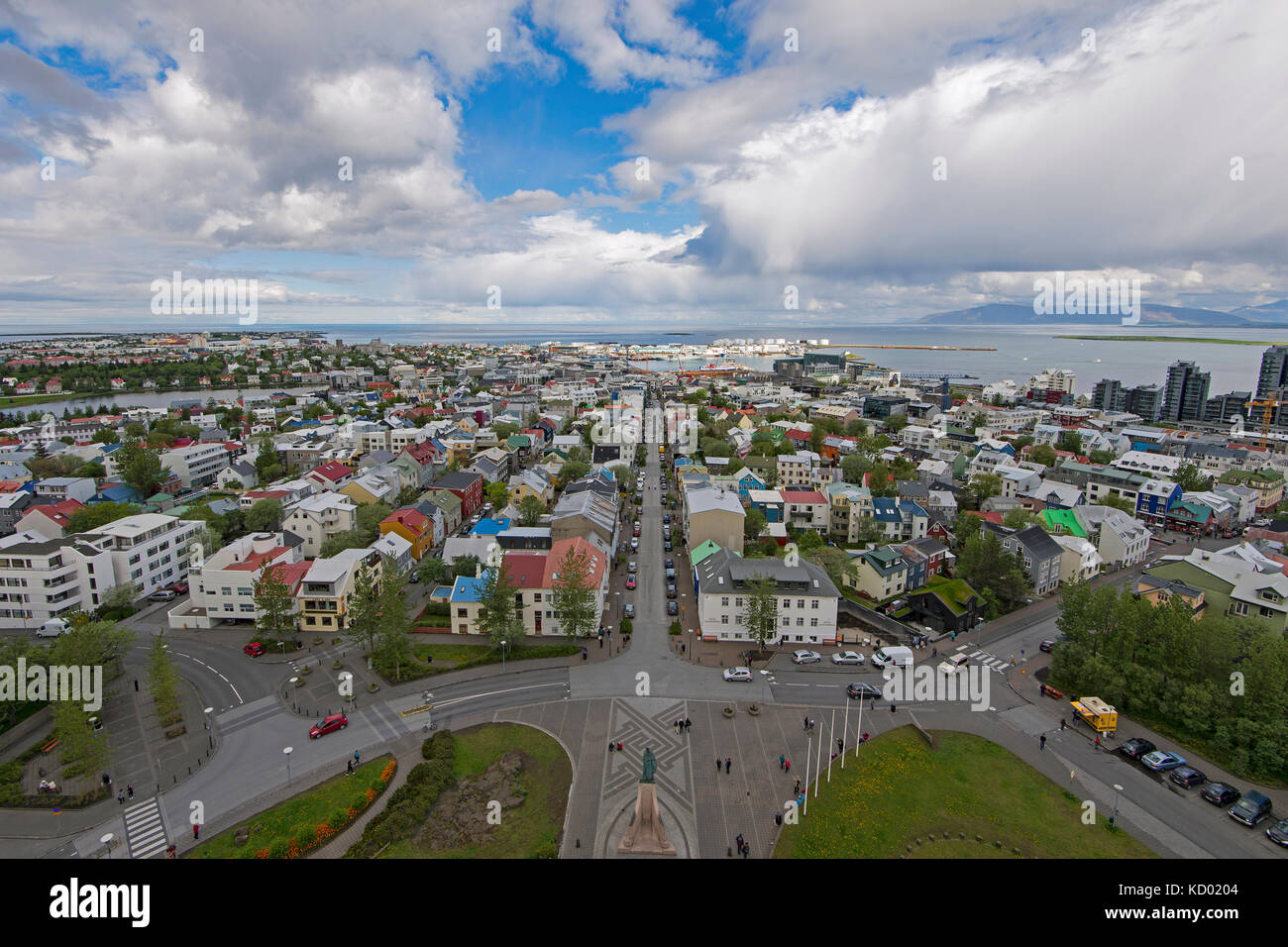 An elevated view of Reykjavic from Hallgrímskirkjac church of Hallgrímur. At 74.5 metres high (244 ft), it is the largest church in Iceland and among the tallest structures in Iceland. Stock Photo