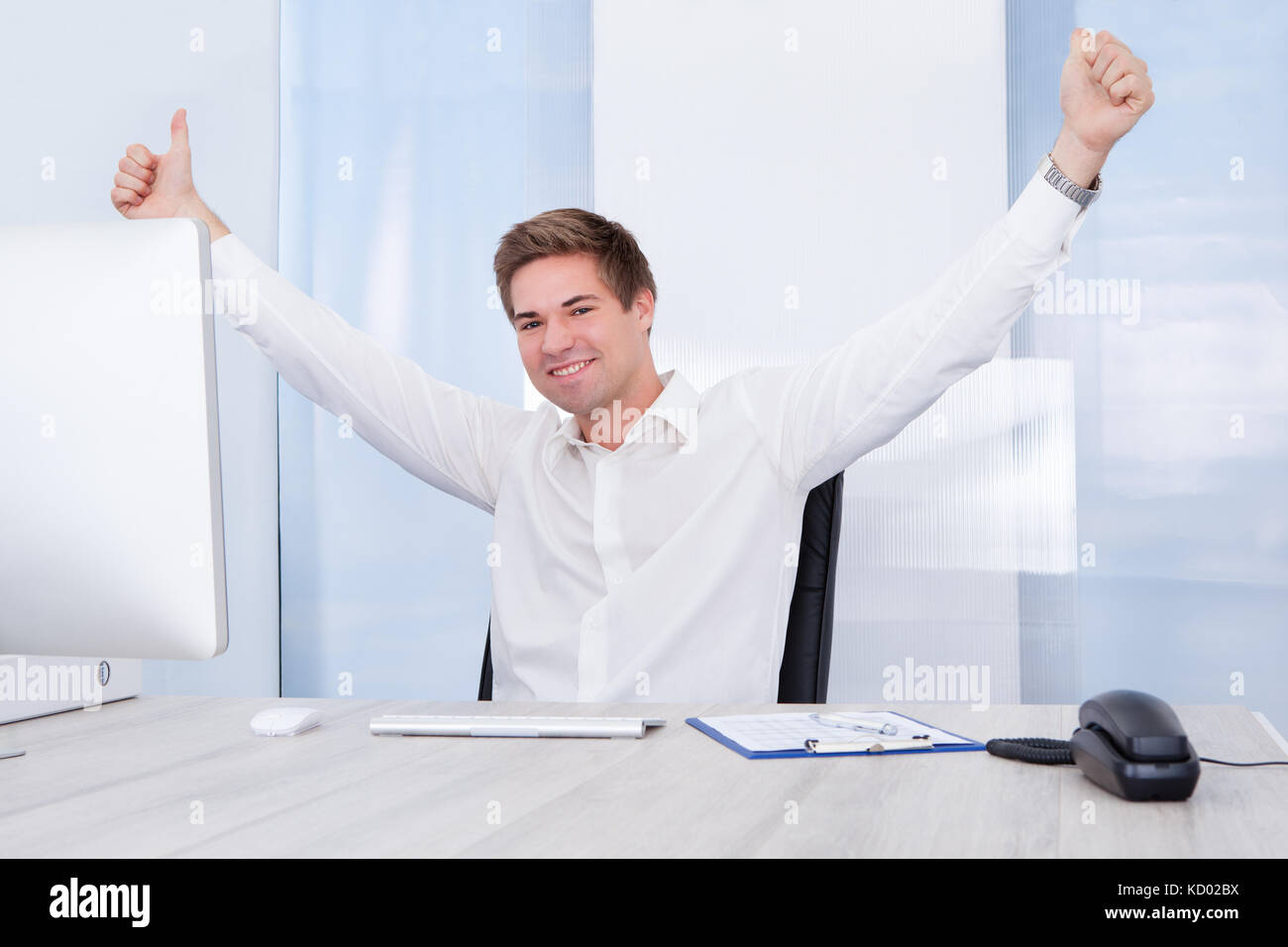 Happy Young Successful Businessman Raised Hand With Thumb Up Stock ...