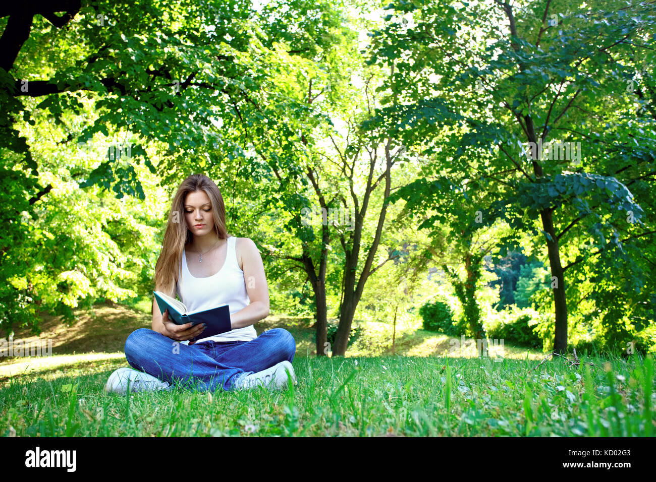 Young woman sitting in park and reading book Stock Photo - Alamy