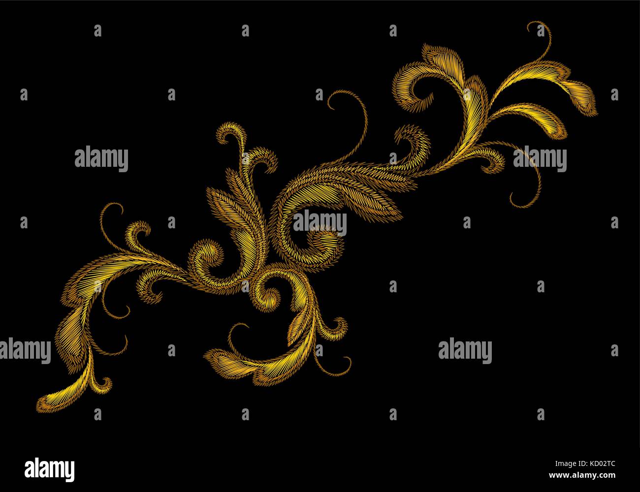 Golden Victorian Embroidery Floral Ornament. Stitch texture fashion print patch gold flower Baroque design element vector illustration art Stock Vector