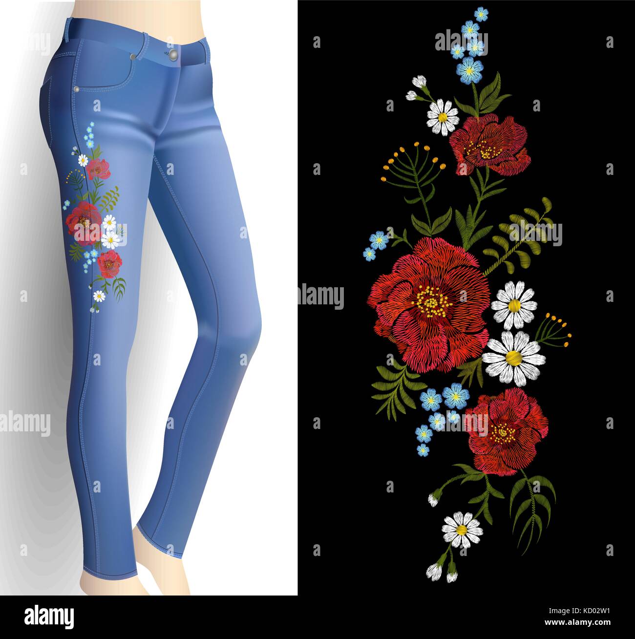 Flower embroidery on woman blue jeans 3d mockup. Fashion outfit detail rose poppy flower print patch vector illustration art Stock Vector