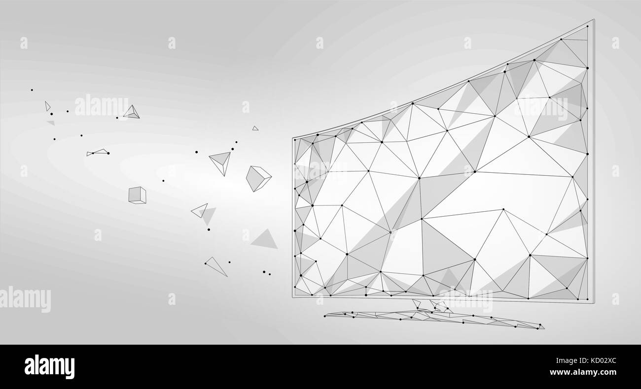 Low poly smart tv screen video. Polygonal virtual reality desktop future technology display connected point line dots gray white art. Innovation PC ve Stock Vector