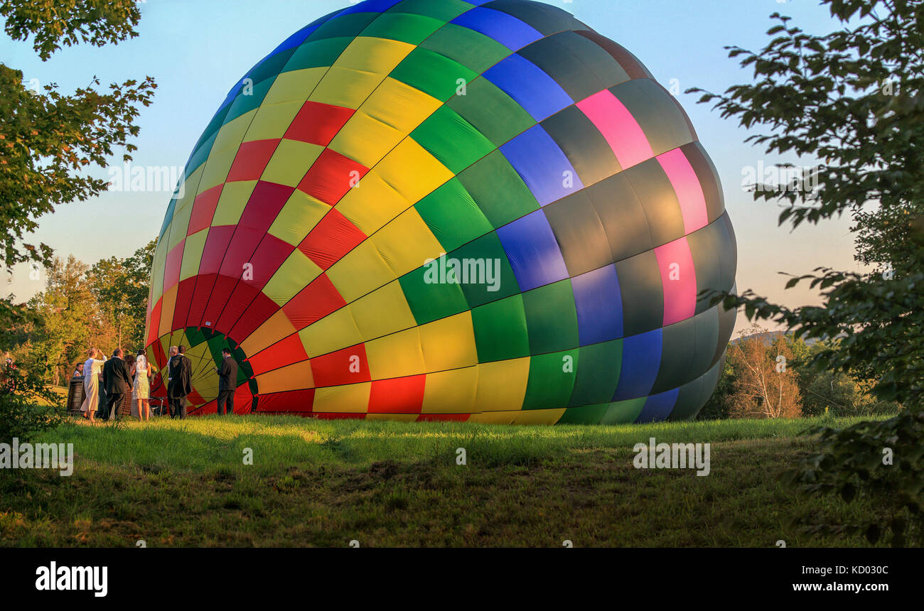 Hot air balloon being inflated for a flight in Vermont, USA. Stock Photo