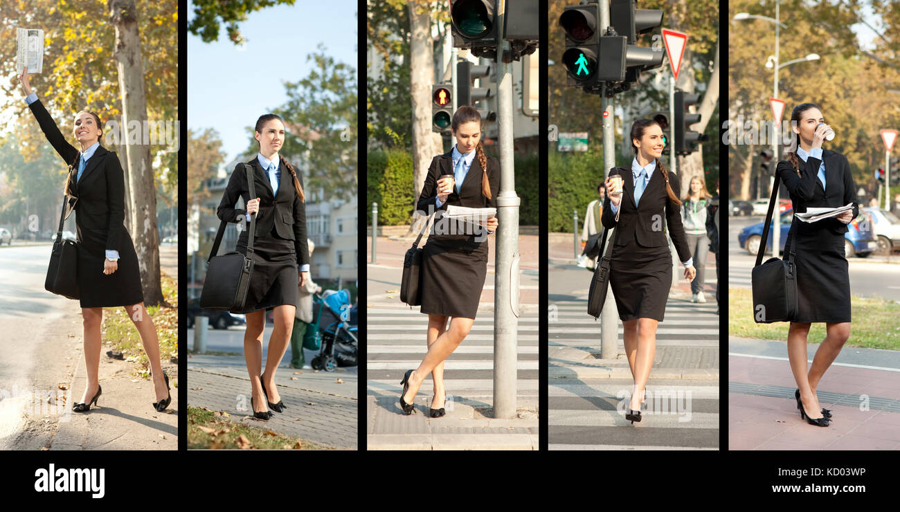 businesswoman on the way to work, collage Stock Photo