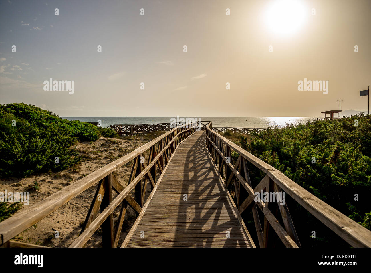A boardwalk to Playa de Muro beach in Can Picafort, Alcudia bay, Majorca Stock Photo