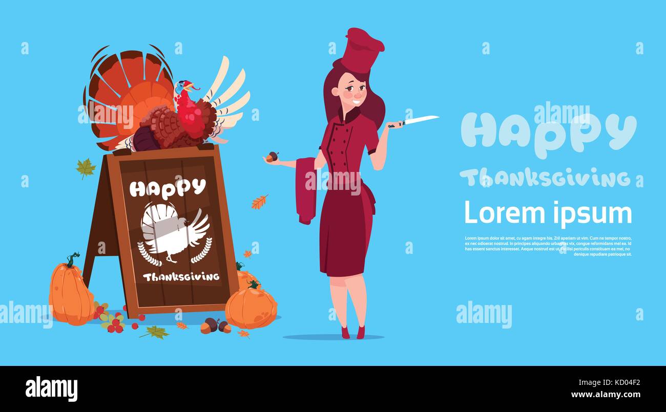 Happy Thanksgiving Day Female Chef Cook Holding Turkey Restaurant Autumn Traditional Holiday Menu Concept Greeting Card Stock Vector